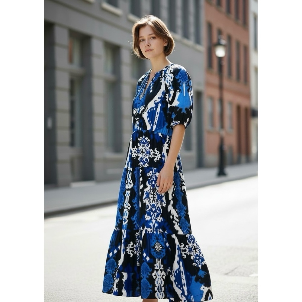 Chico's Ikat Puff Sleeve Cotton Tiered Midi Dress Size 00 US 2